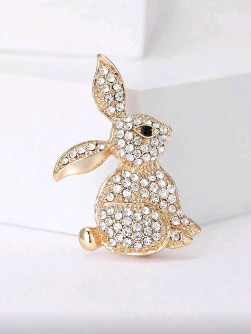 Gold Rhinestone Bunny Brooch Pin